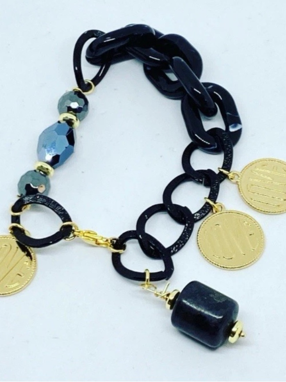 Black Chain Bracelet with Gold Coin Charms and Blue Bead Accent